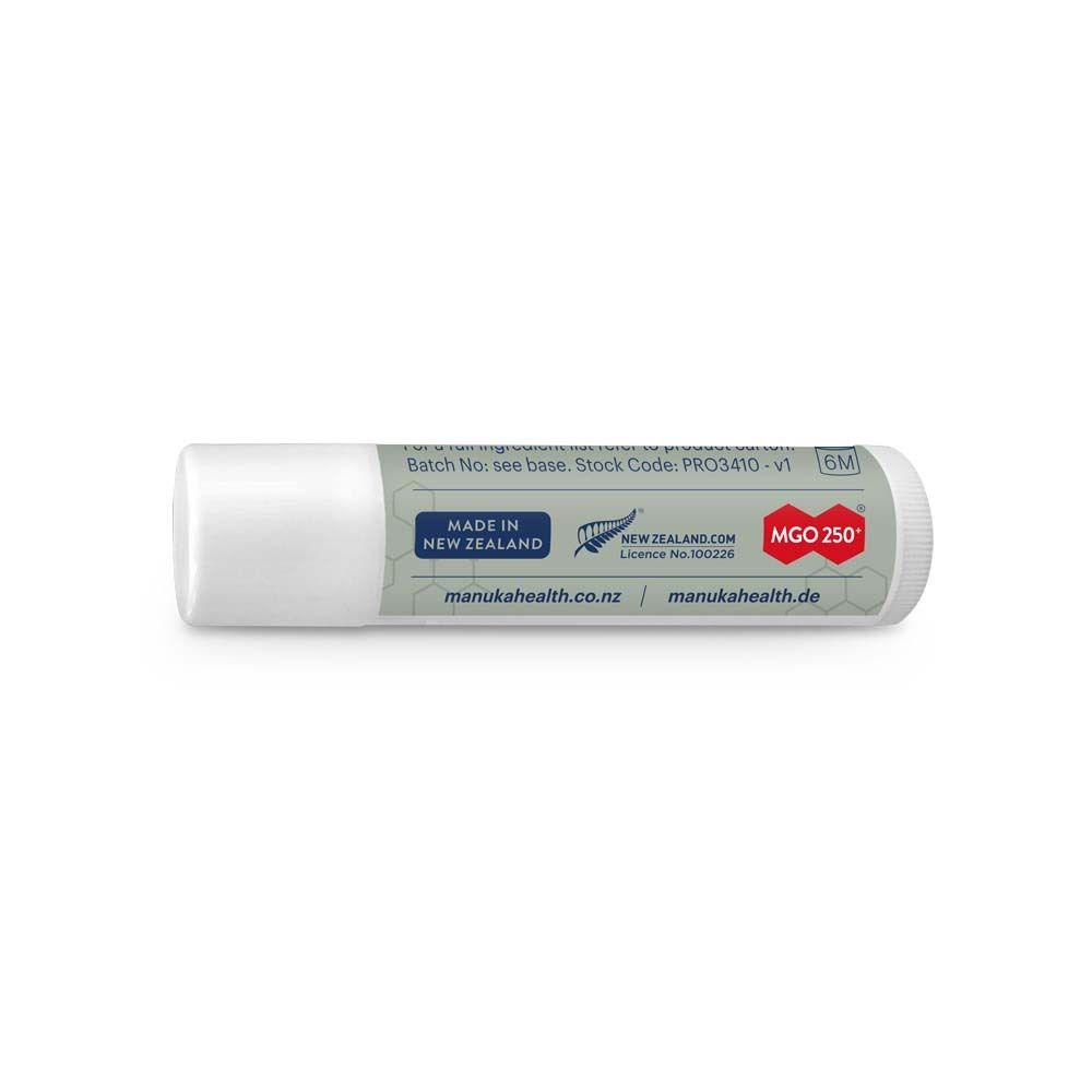 Baume à lèvres Manuka Honey Lip Balm, verso avec MGO 250+ et détails fabricant.