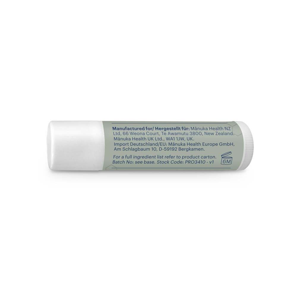 Baume à lèvres Manuka Honey Lip Balm, verso avec informations fabricant et ingrédients.