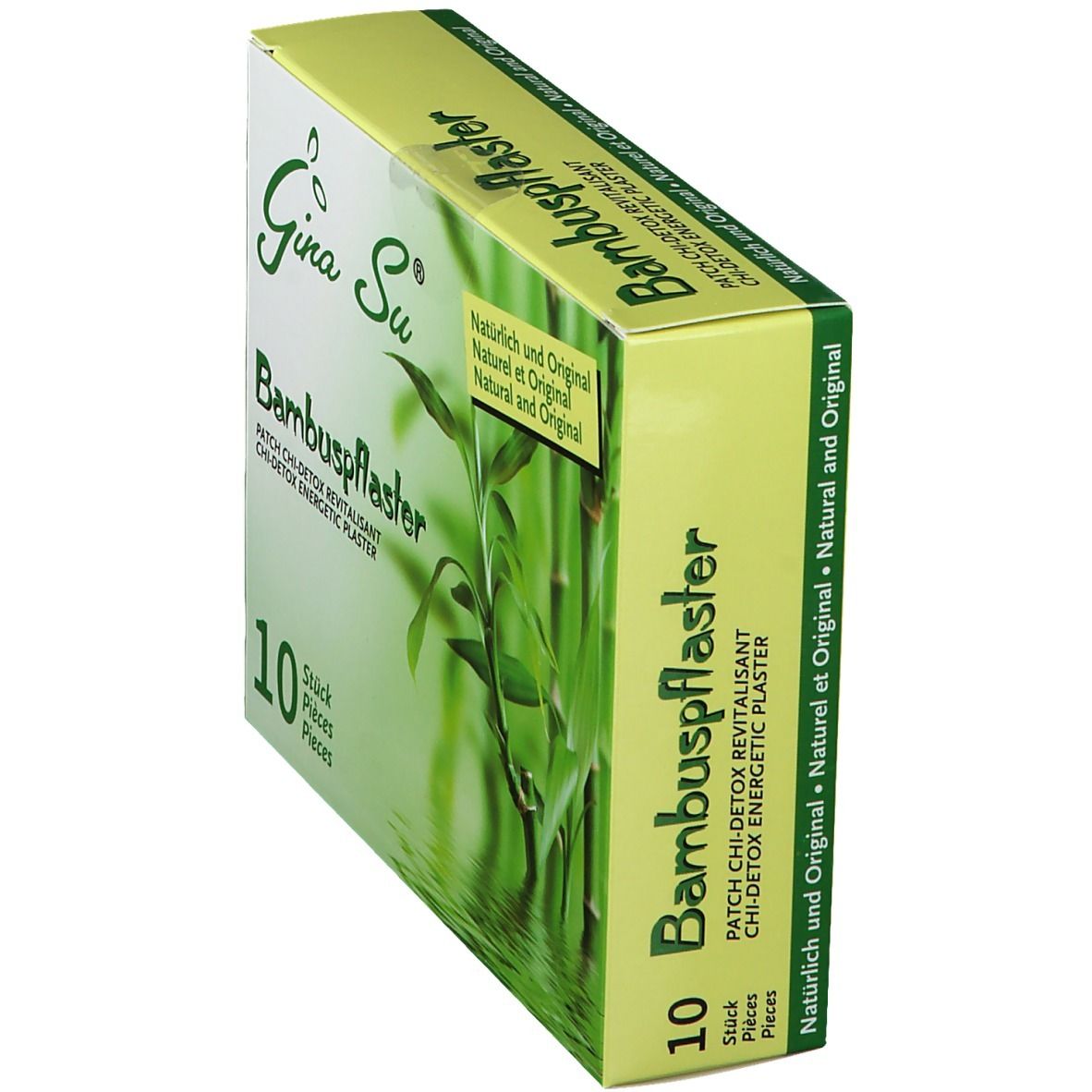 Emballage du produit en biais avec logo et nom du produit. Emballage vert et jaune avec motif bambou et inscription "10 pièces".