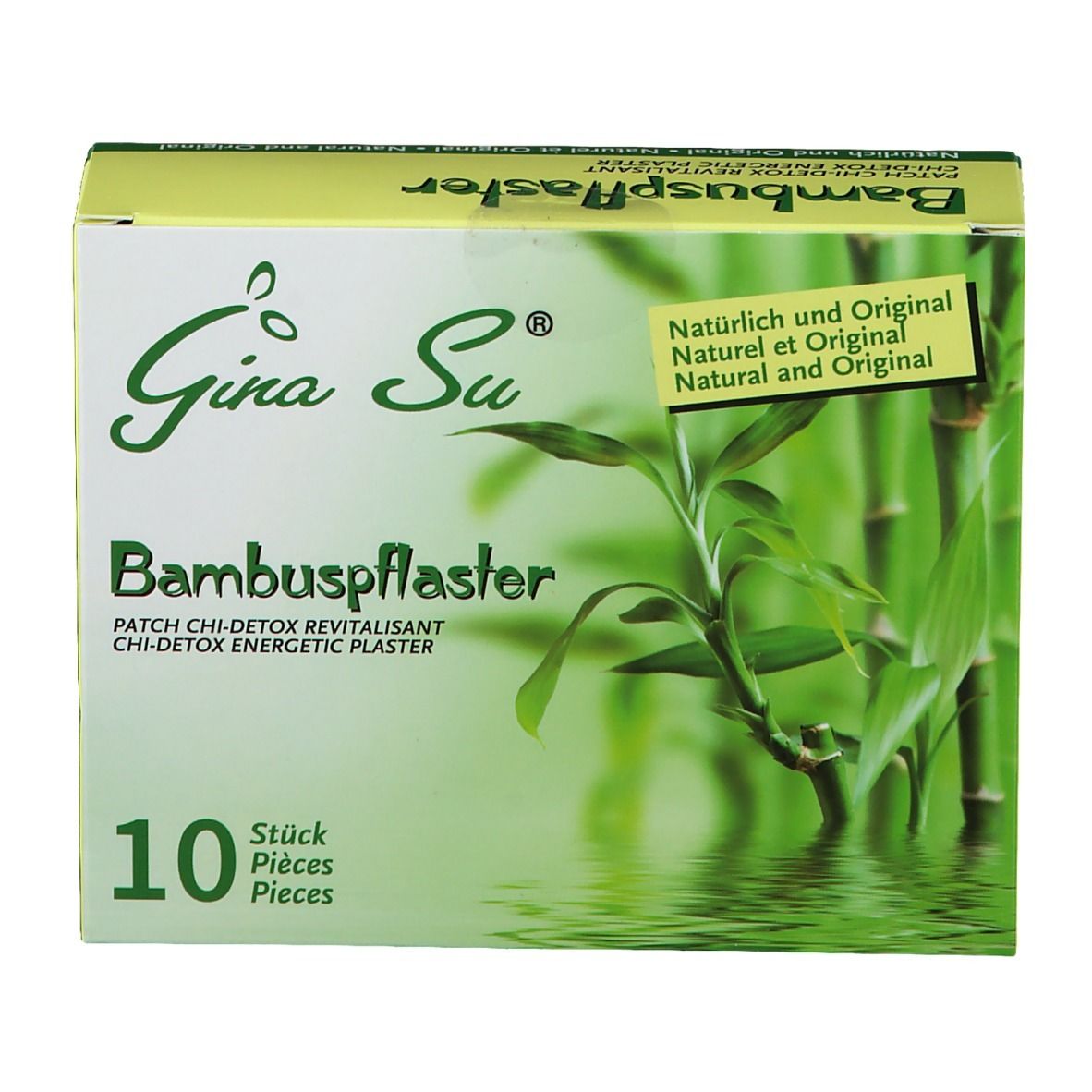 Emballage du produit avec logo et nom du produit. Emballage vert et jaune avec motif bambou et inscription "10 pièces".