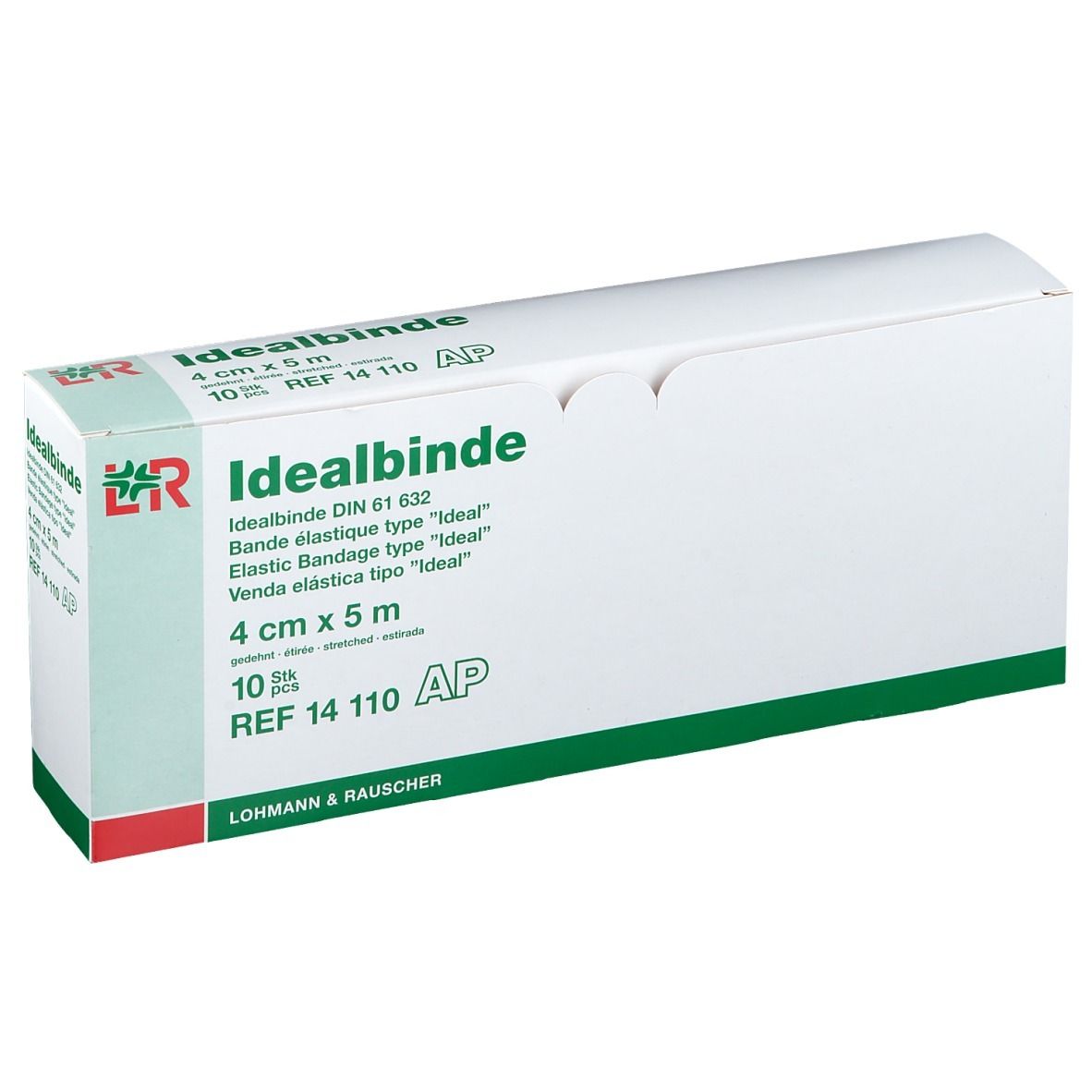 Boîte de bandage élastique Idealbinde, 4 cm x 5 m, 10 pièces. Blanc, vert et rouge. Texte: Idealbinde, L&R.