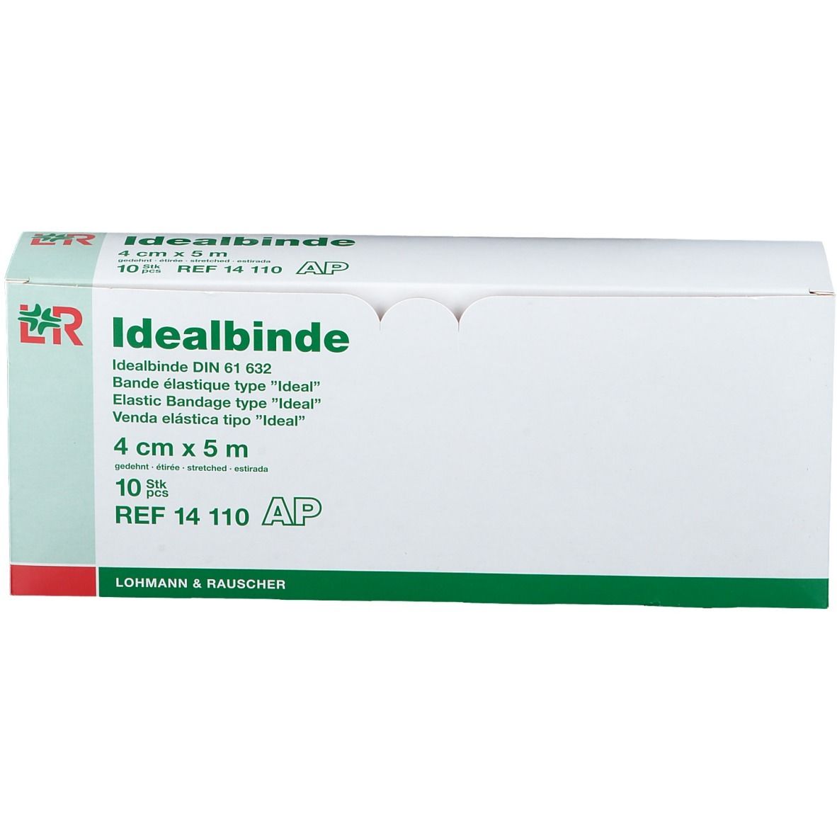 Boîte de bandage élastique Idealbinde, 4 cm x 5 m, 10 pièces. Blanc, vert et rouge. Texte: Idealbinde, L&R.