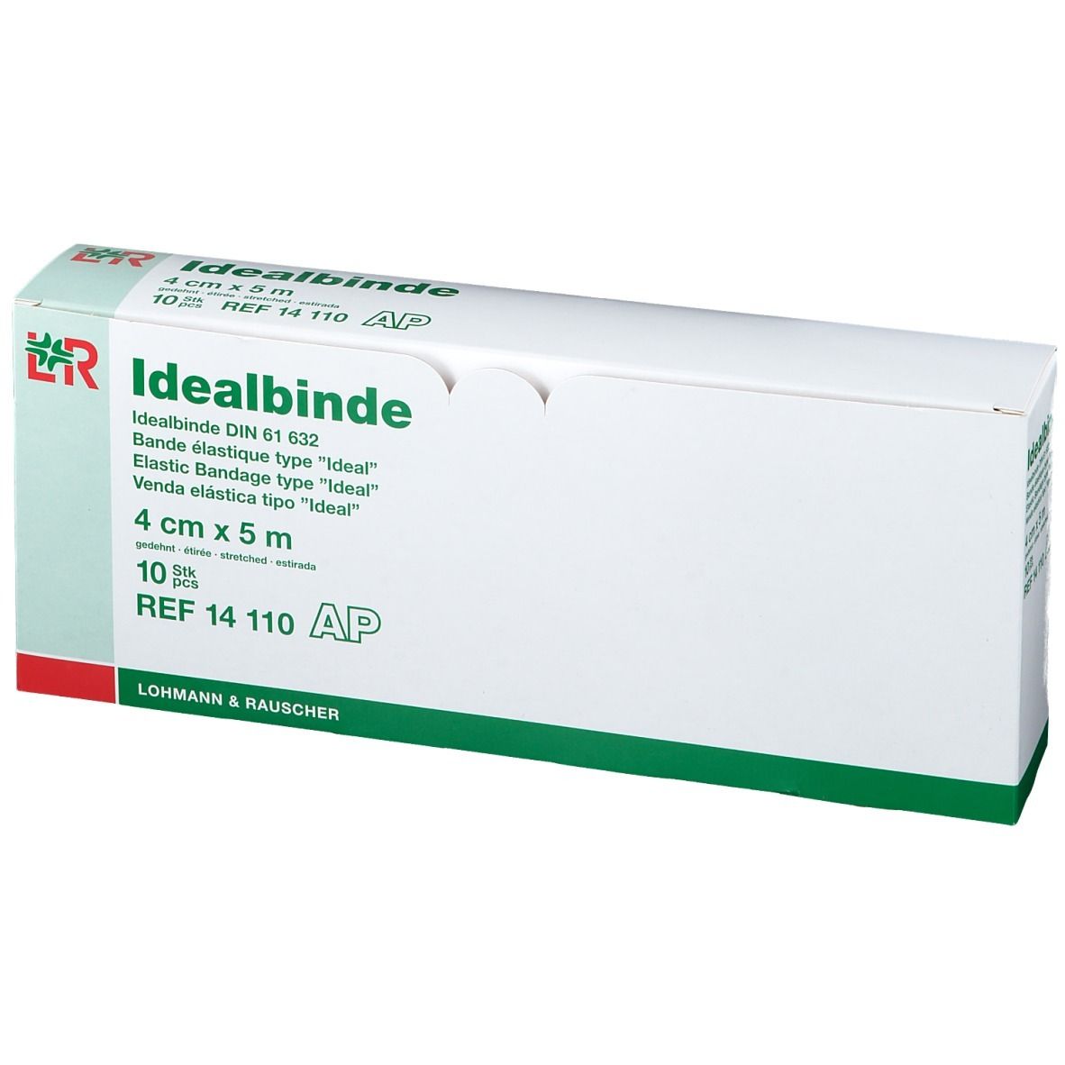 Boîte de bandage élastique Idealbinde, 4 cm x 5 m, 10 pièces. Blanc, vert et rouge. Texte: Idealbinde, L&R.