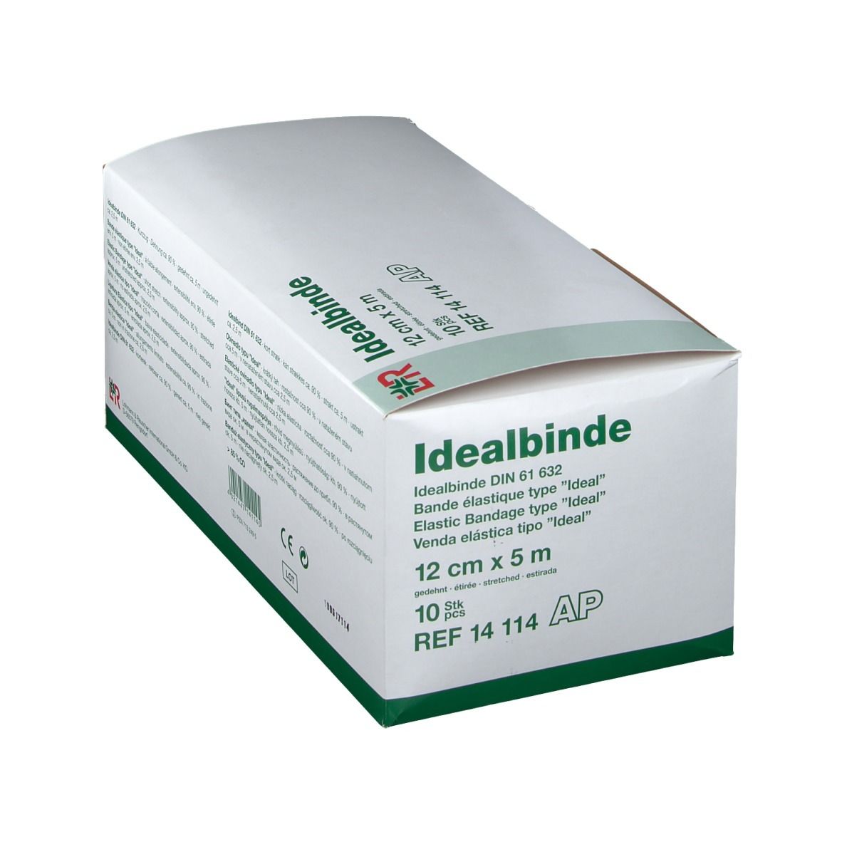 Boîte blanche, accents verts. Inscription Idealbinde, 12 cm x 5 m, 10 pièces. Marque Lohmann & Rauscher.