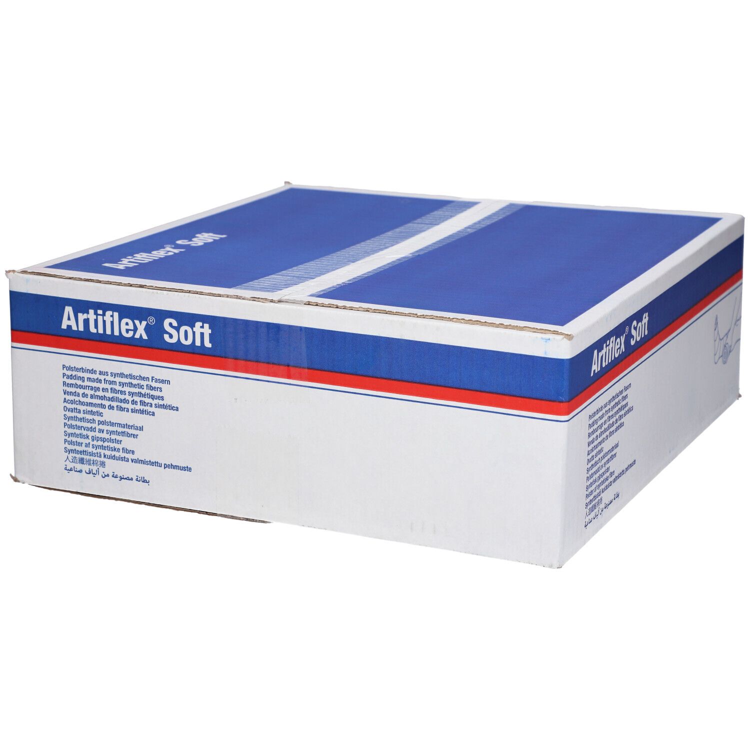 Boîte Artiflex Soft, blanche et bleue. Texte multilingue. Vue en perspective.