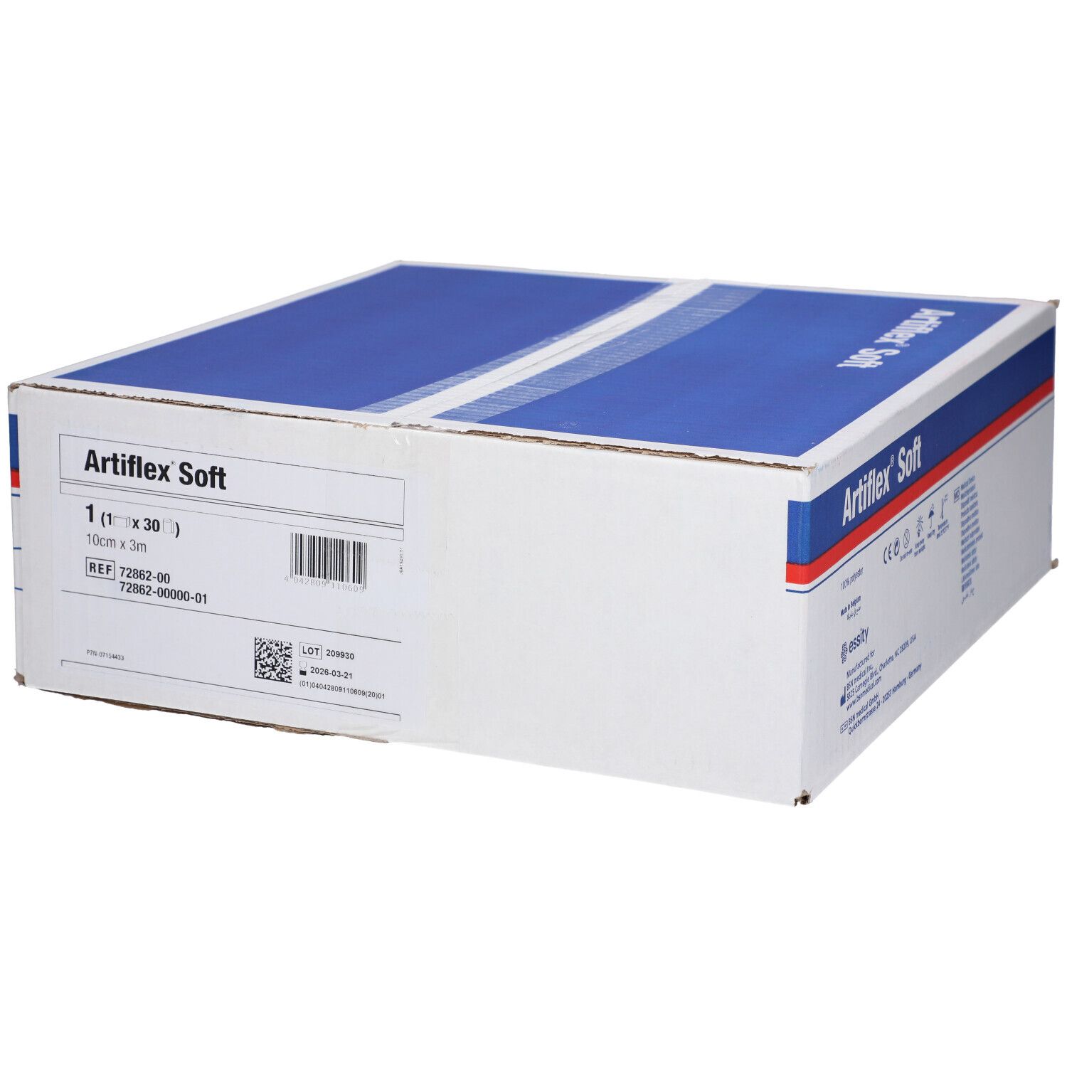 Boîte Artiflex Soft, blanche et bleue. Texte multilingue. Informations produit. Vue en perspective.