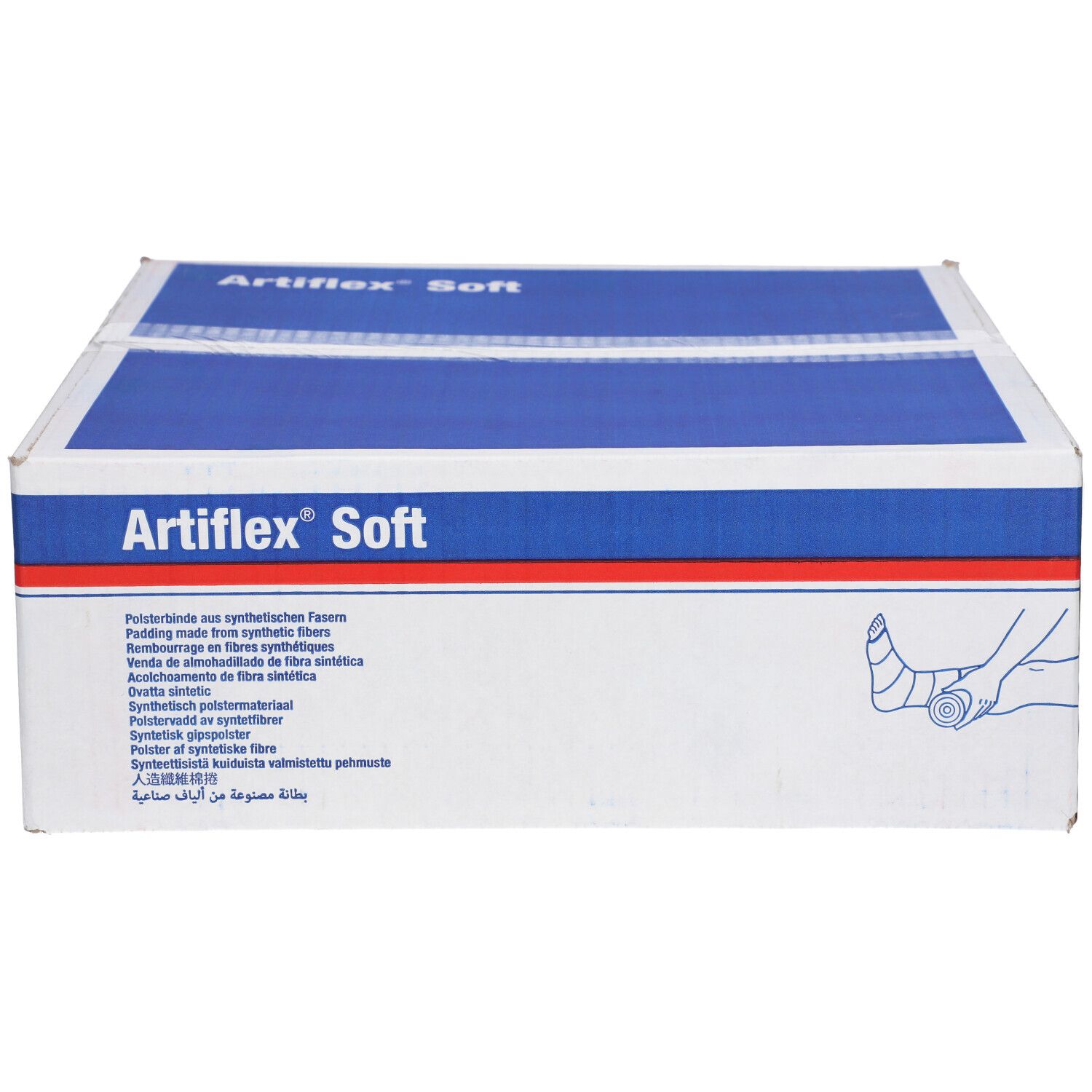 Boîte Artiflex Soft, blanche et bleue. Texte multilingue. Illustration d'un bandage. Vue en perspective.