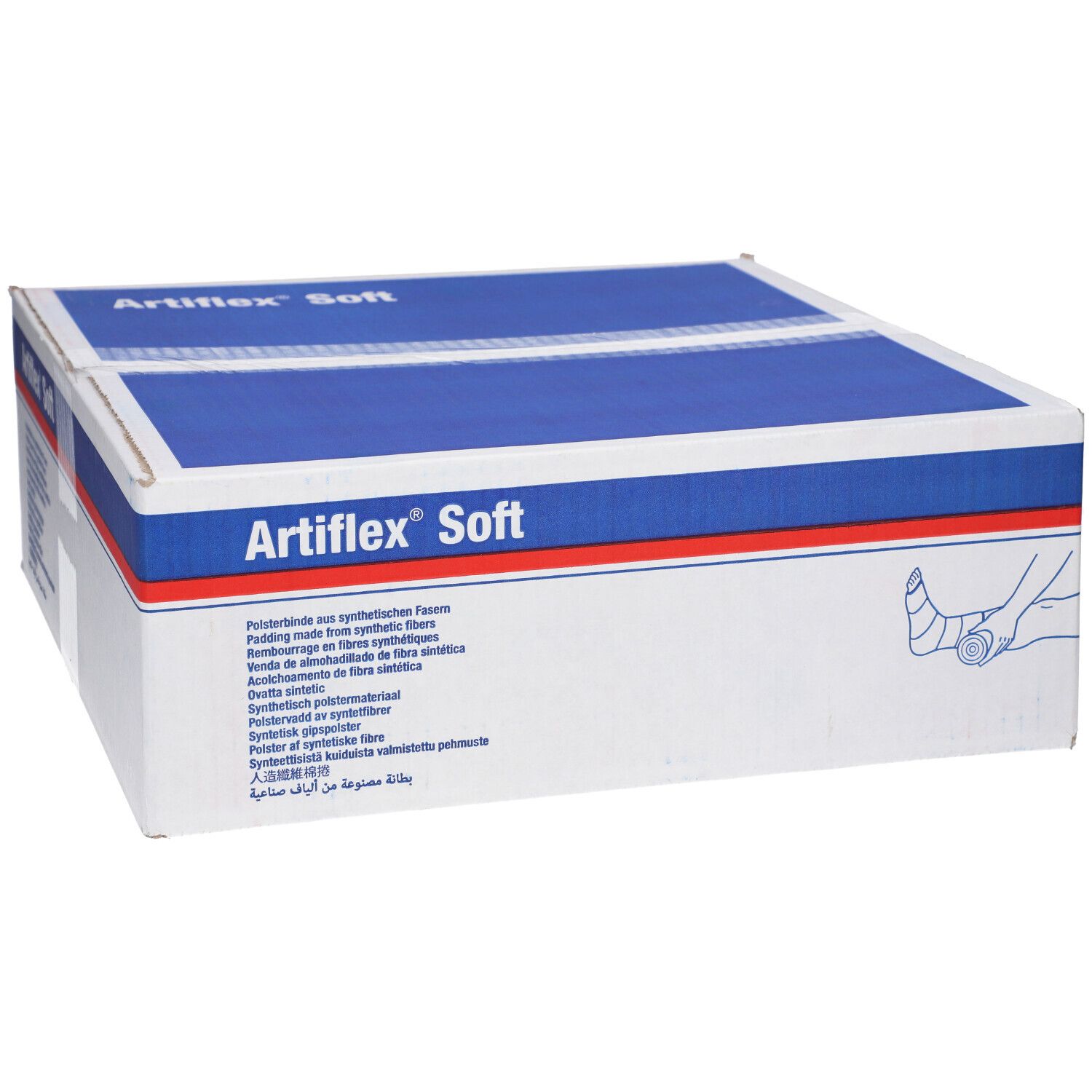 Boîte Artiflex Soft, blanche et bleue. Texte multilingue. Illustration d'un bandage. Vue en perspective.