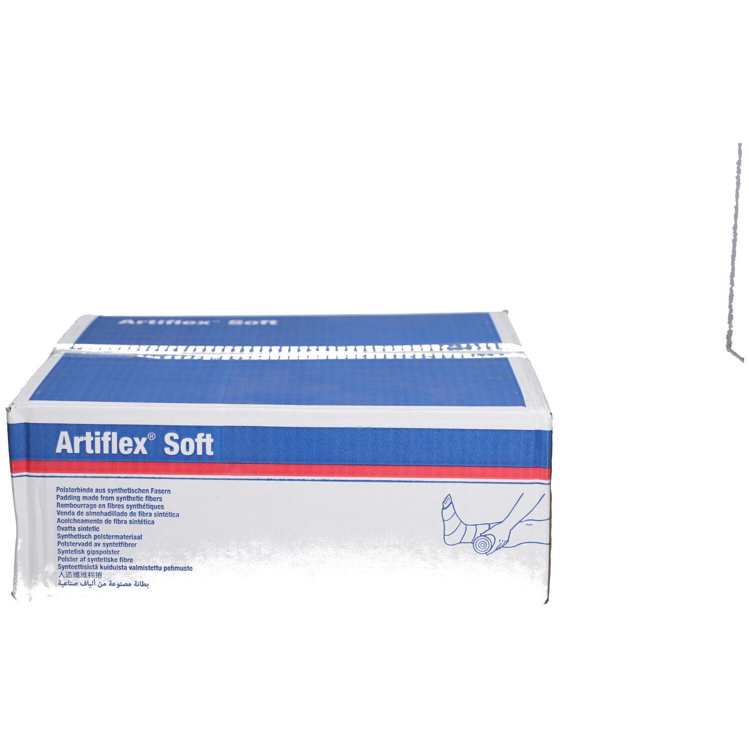 Boîte Artiflex Soft avec illustration d'un bandage. Informations multilingues.