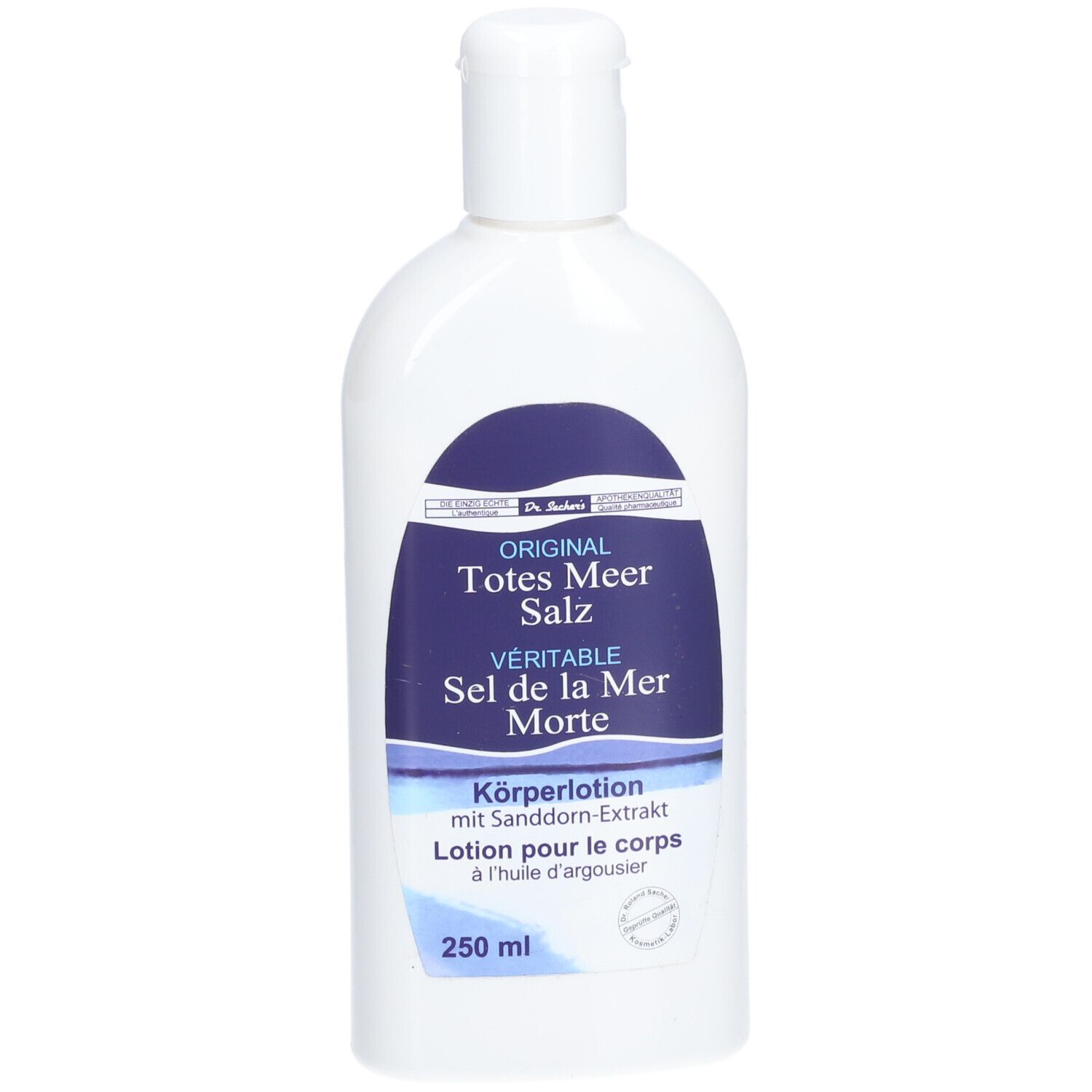 Flacon blanc avec étiquette bleue. Inscription : ORIGINAL Totes Meer Salz, Lotion pour le corps. 250 ml.