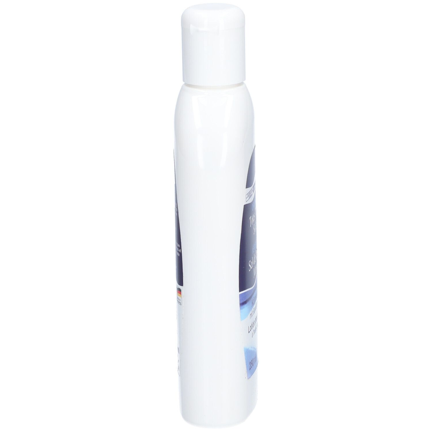 Flacon blanc avec bouchon rabattable. Vue latérale avec étiquette bleue. Nom du produit partiellement visible.