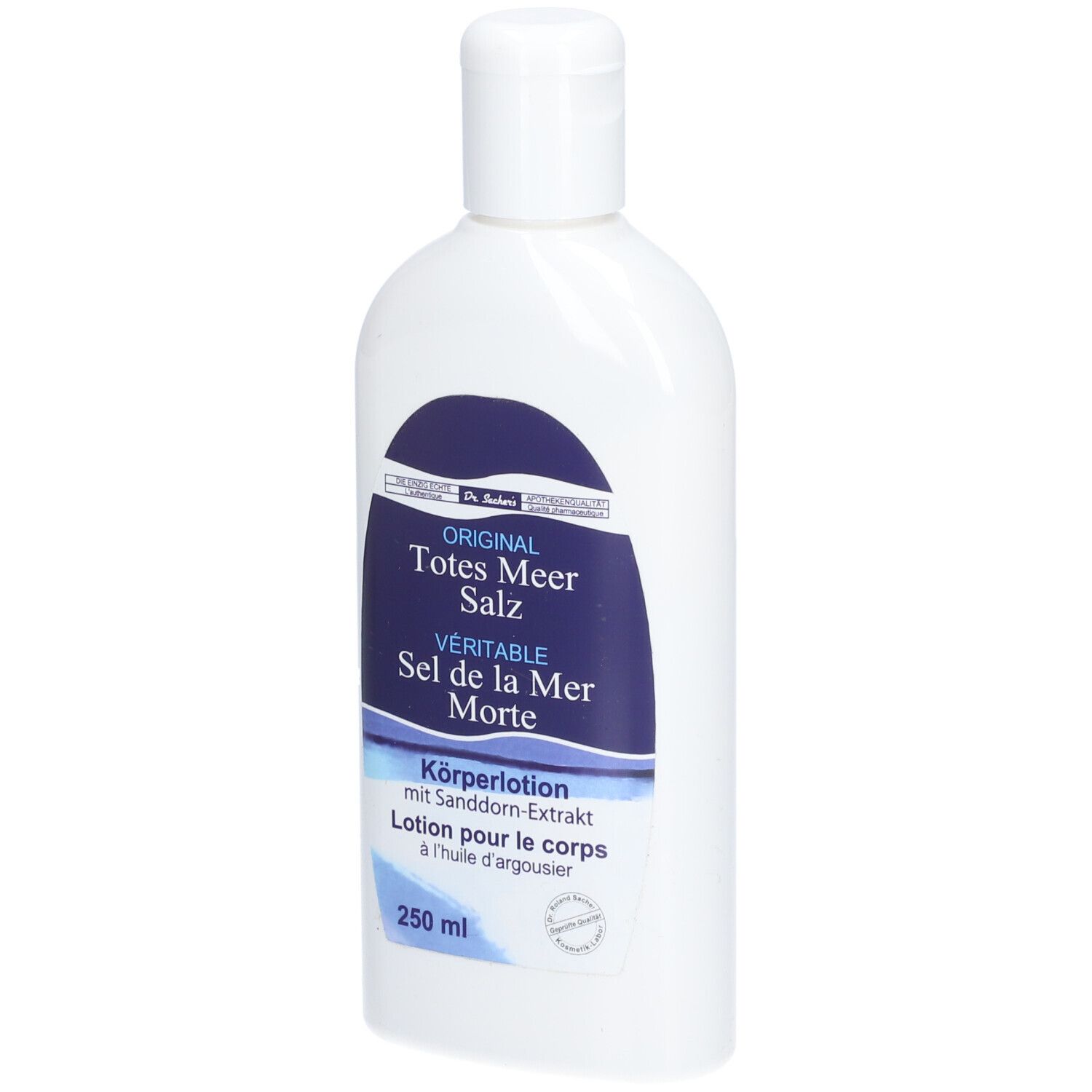 Flacon blanc avec étiquette bleue. Inscription : ORIGINAL Totes Meer Salz, Lotion pour le corps. 250 ml.