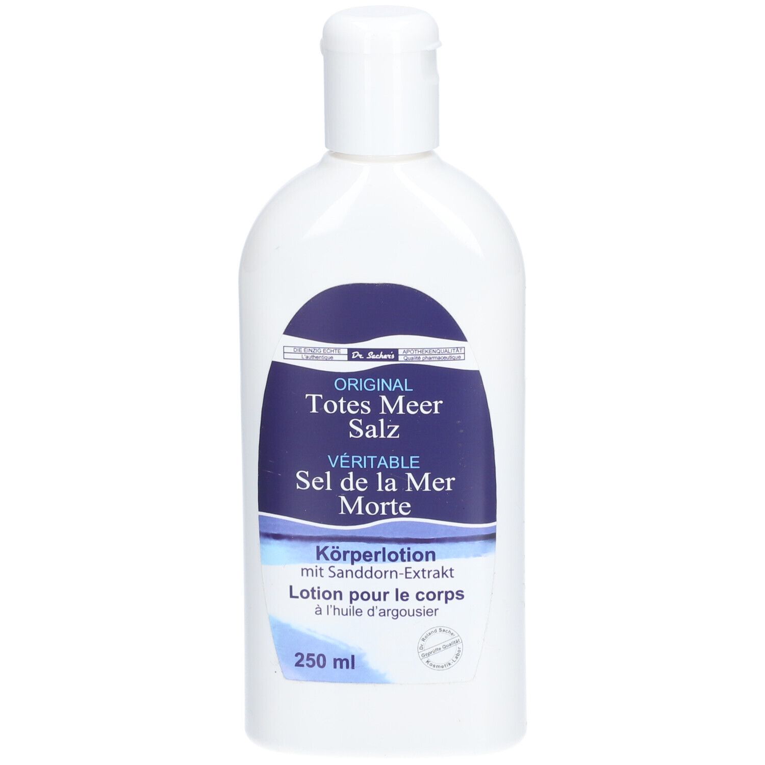 Flacon blanc avec étiquette bleue. Inscription : ORIGINAL Totes Meer Salz, Lotion pour le corps. 250 ml.