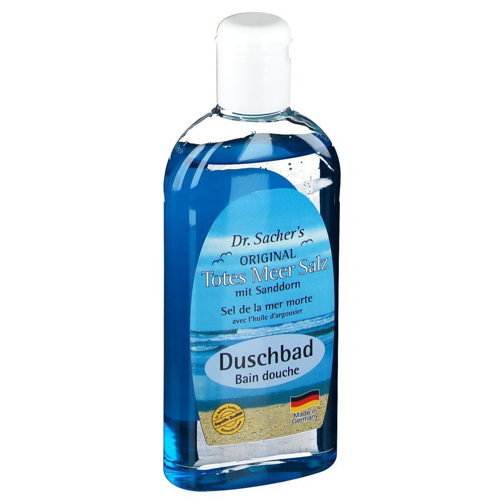 Flacon ovale avec liquide bleu et bouchon blanc. Inscription: Dr. Sacher's Original Totes Meer Salz mit Sanddorn. Bain douche.