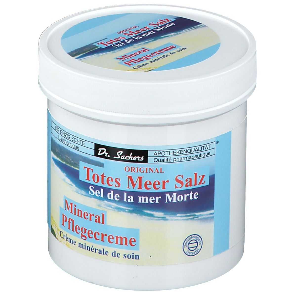 Pot blanc avec étiquette bleu et blanc. Inscription : Dr. Sachers ORIGINAL Totes Meer Salz Pflegecreme. Qualité pharmacie.