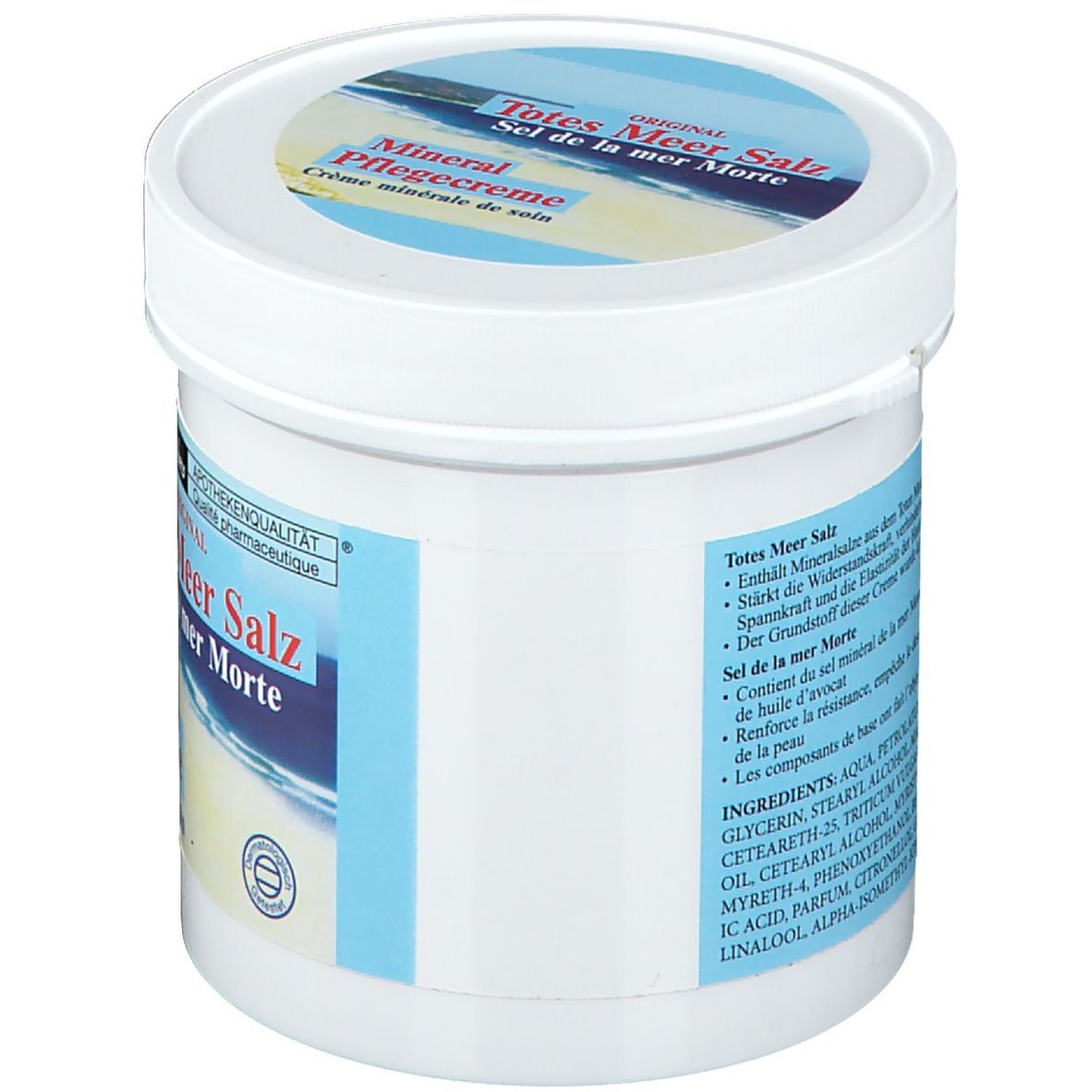 Pot blanc avec étiquette bleu et blanc. Texte : Sel de la mer Morte, ingrédients, qualité pharmacie. Dos avec texte.