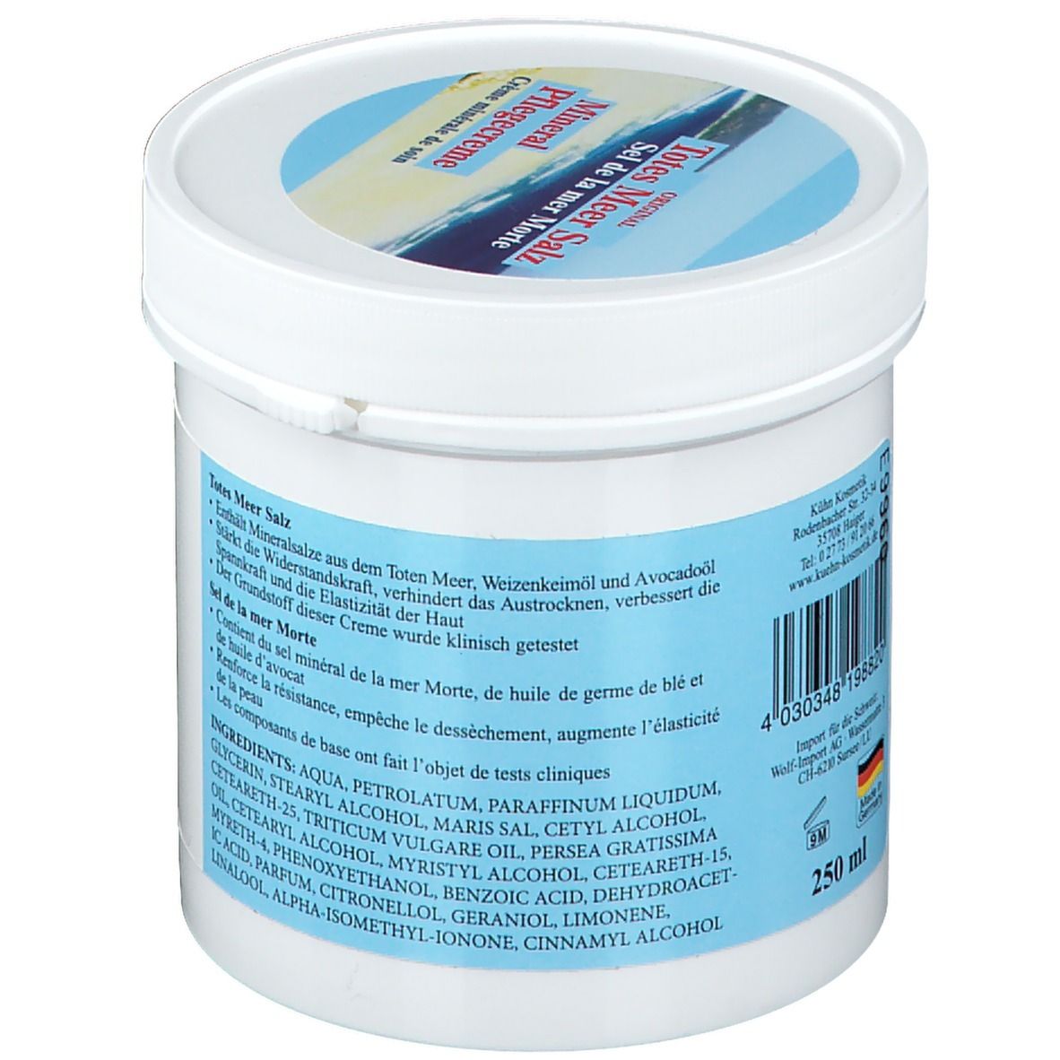 Pot blanc avec étiquette bleu et blanc. Texte : Ingrédients, 250 ml, testé cliniquement. Dos avec texte et code-barres.