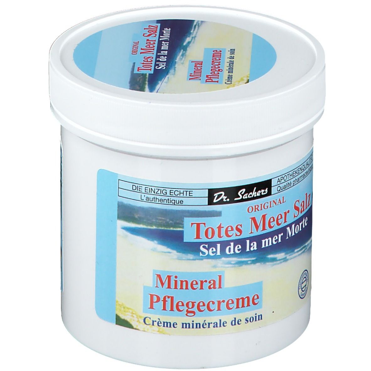 Pot blanc avec étiquette bleu et blanc. Inscription : Dr. Sachers ORIGINAL Totes Meer Salz Pflegecreme. Qualité pharmacie.