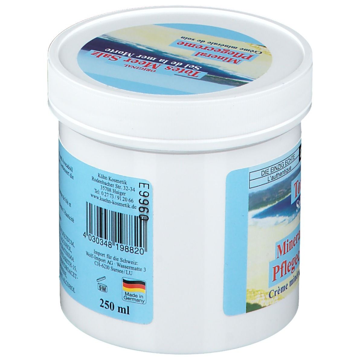 Pot blanc avec étiquette bleu et blanc. Texte : 250 ml, Fabriqué en Allemagne, importateur. Dos avec texte et code-barres.