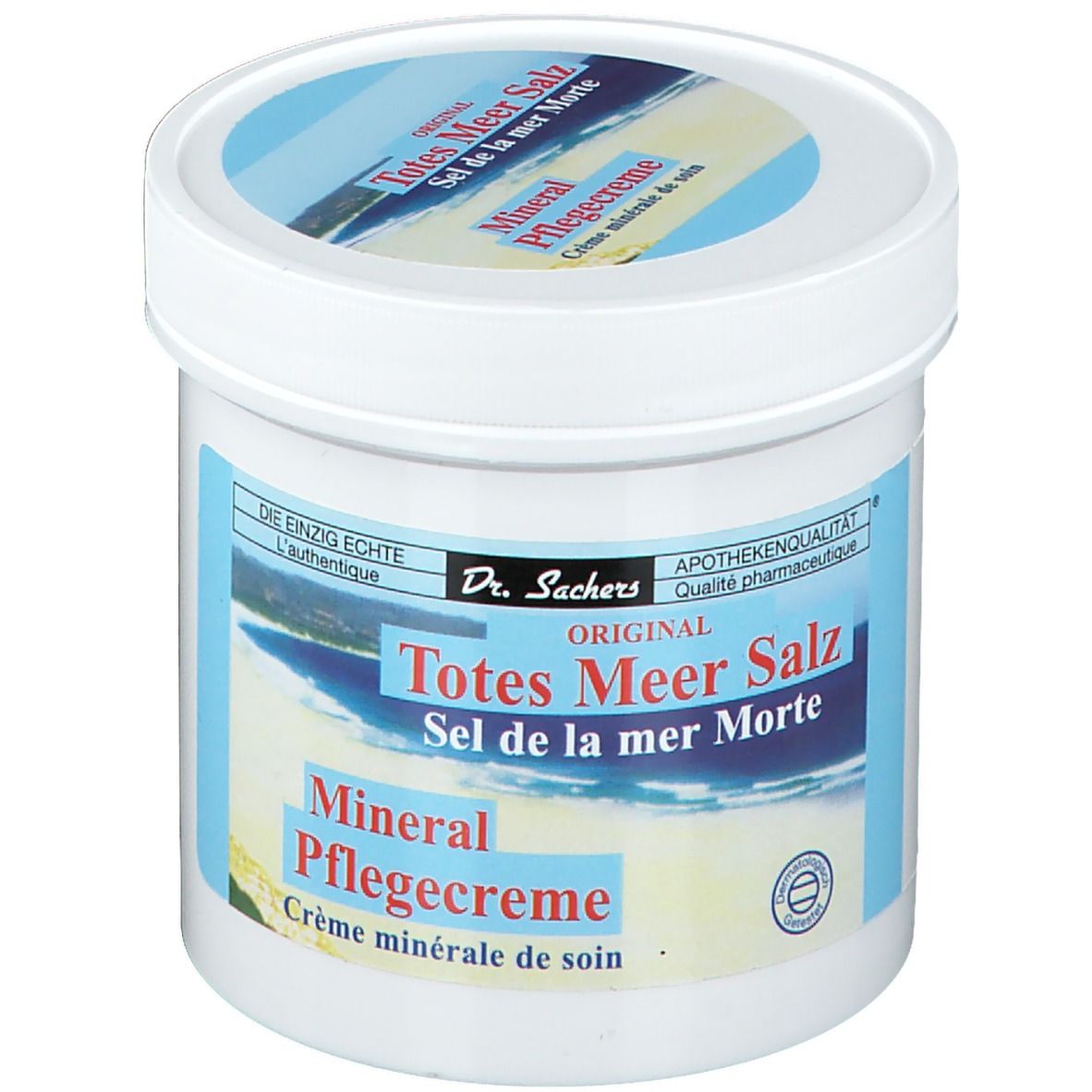 Pot blanc avec étiquette bleu et blanc. Inscription : Dr. Sachers ORIGINAL Totes Meer Salz Pflegecreme. Qualité pharmacie.