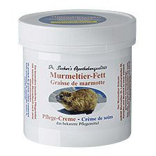Pot blanc avec couvercle bleu. Inscription: Murmeltier-Fett, Pflege-Creme. Illustration d'une marmotte.