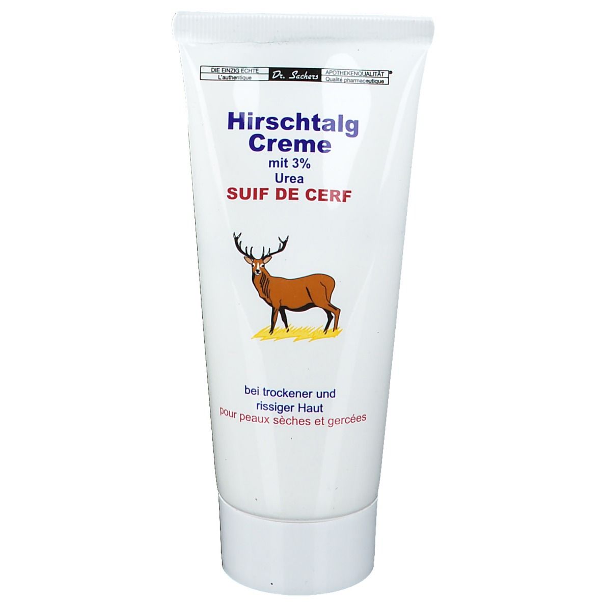 Tube blanc de crème au suif de cerf, 3% urée. Logo cerf rouge. Texte: "pour peaux sèches et gercées".
