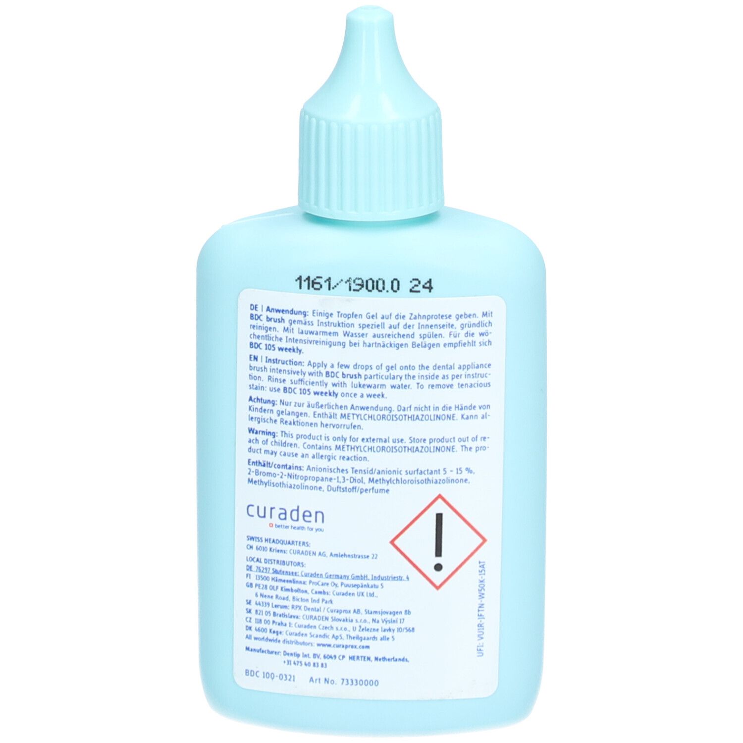 Dos d'un flacon bleu clair. Texte et avertissement. Logos "CURADEN" et "CURAPROX".