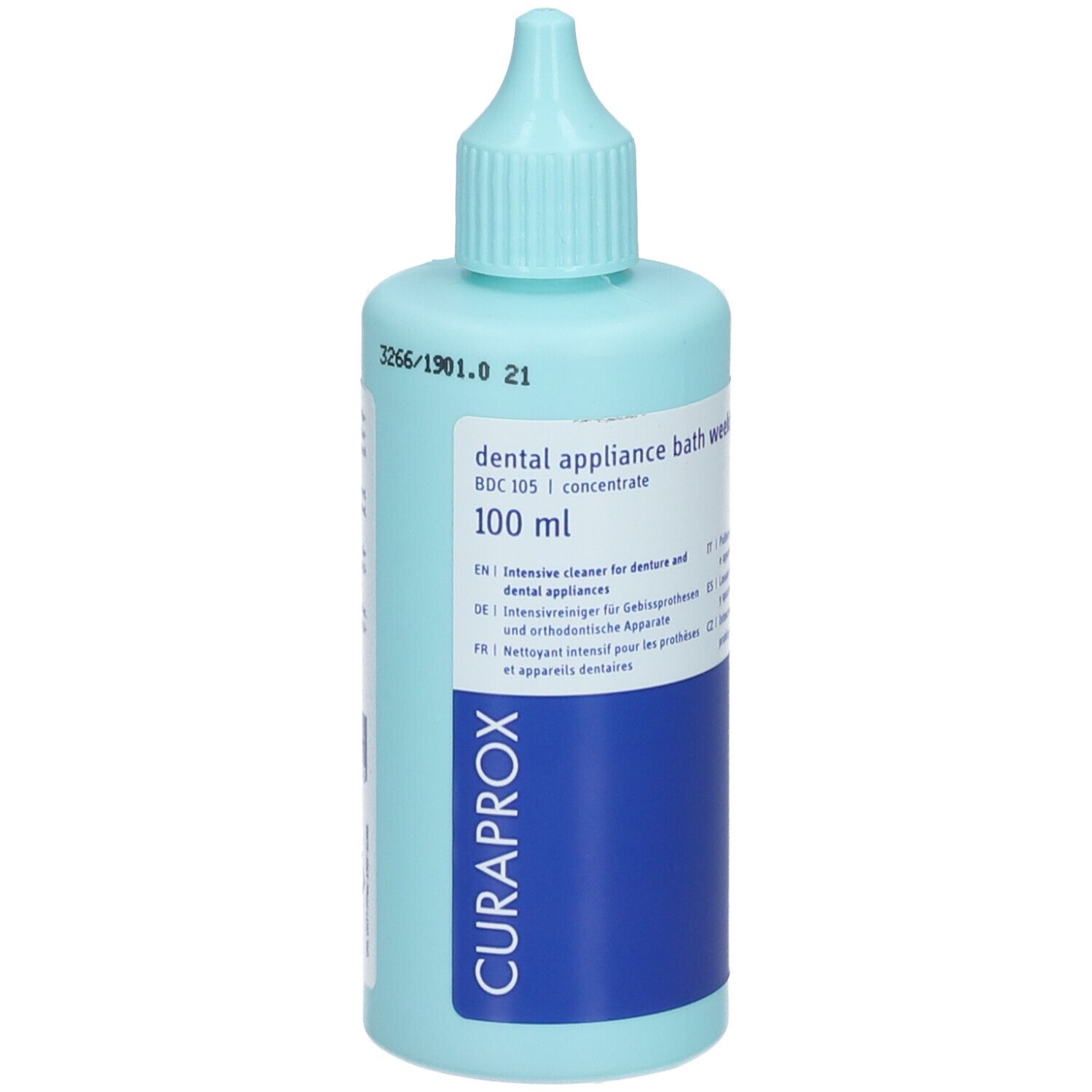 Flacon bleu clair avec bouchon doseur. Inscription : dental appliance bath weekly, 100 ml, CURAPROX.