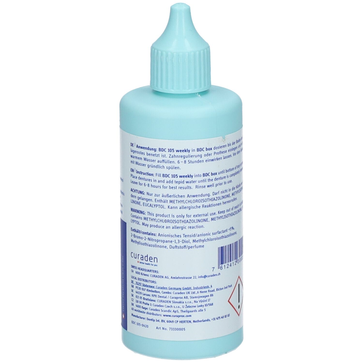 Flacon bleu clair avec bouchon doseur. Texte avec instructions d'utilisation et ingrédients. Logo CURAPROX.