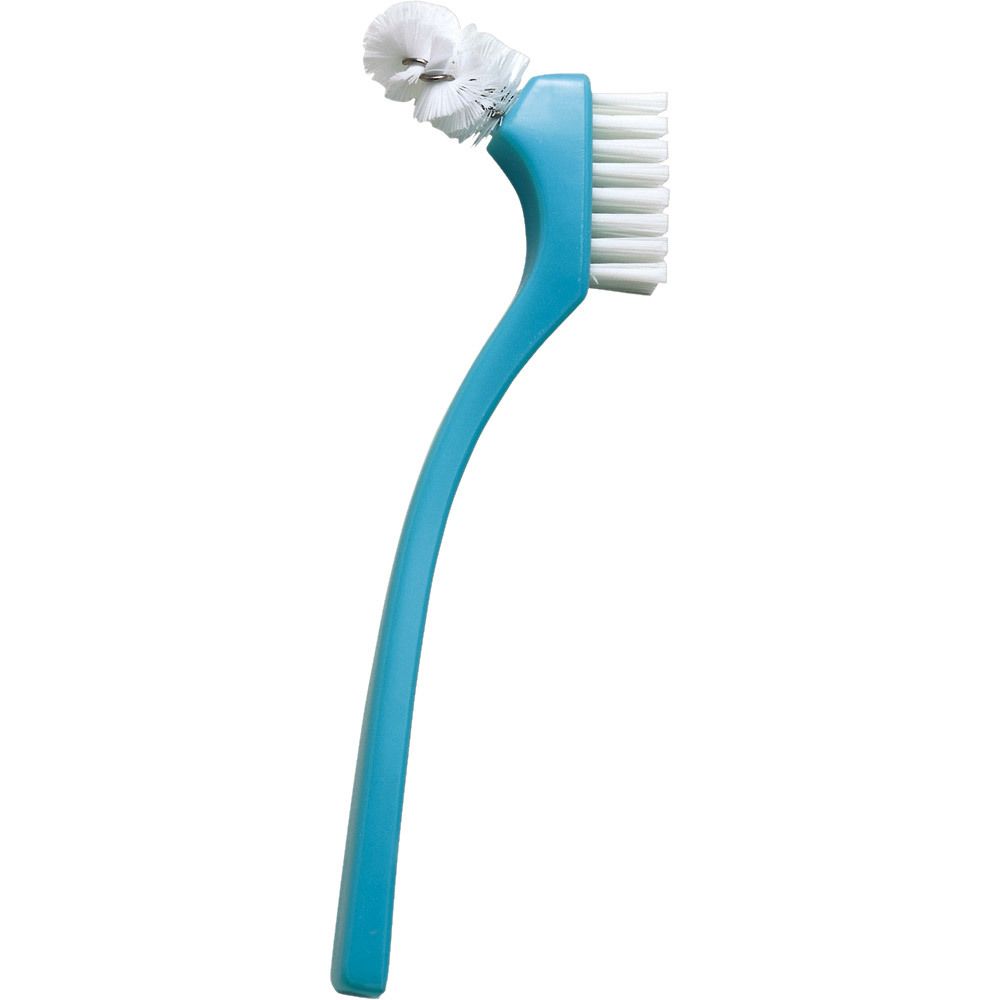 Brosse à prothèse dentaire avec manche bleu et deux têtes. Une tête est coudée.