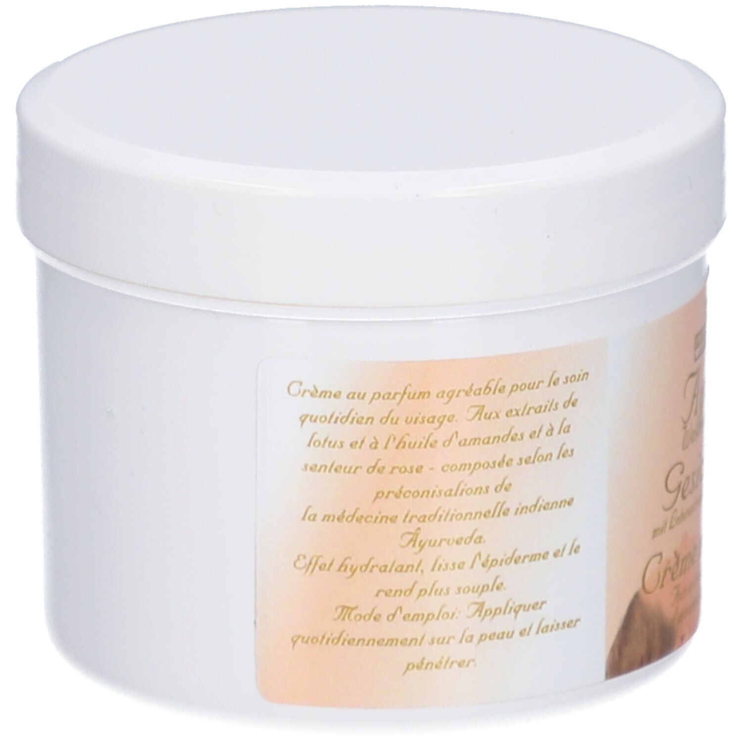 Pot blanc avec couvercle. Étiquette avec texte: Crème au parfum agréable pour le soin quotidien du visage.