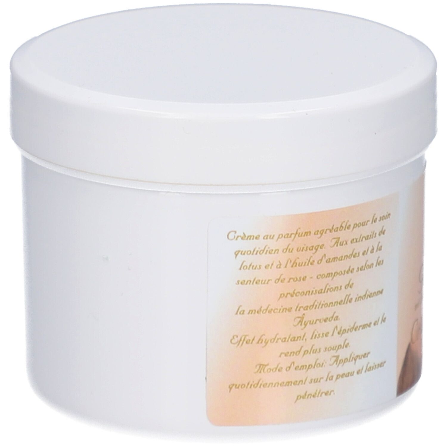 Pot blanc avec couvercle. Étiquette avec texte: Crème au parfum agréable pour le soin quotidien du visage.