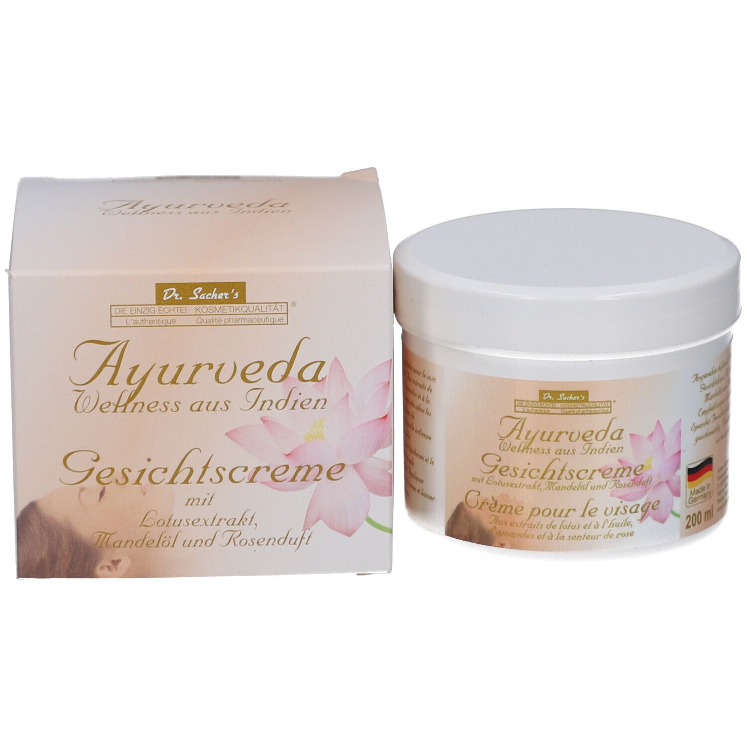 Emballage du produit: pot et boîte. Sur le pot: Dr. Sacher's Ayurveda Crème pour le visage. Sur la boîte: Ayurveda Wellness aus Indien.