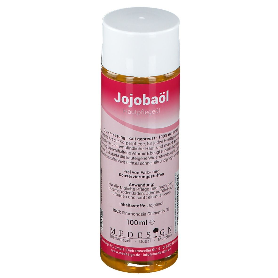 Flacon d'huile de jojoba avec bouchon blanc. Étiquette avec nom et informations. Logo MEDESIGN.
