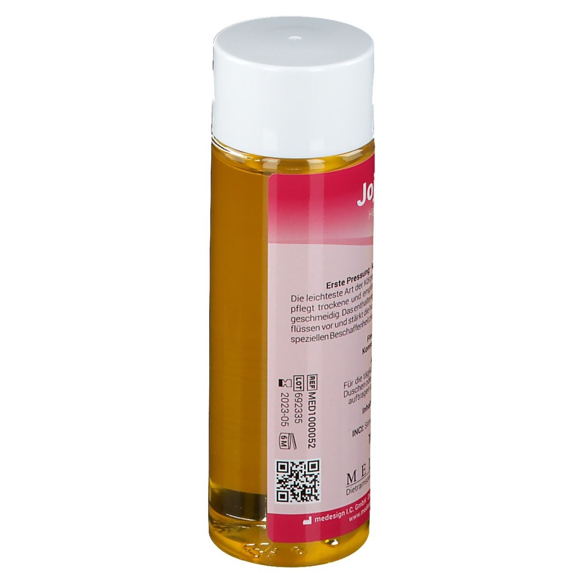 Flacon d'huile de jojoba, vue latérale. Étiquette avec informations et QR code. Logo MEDESIGN.