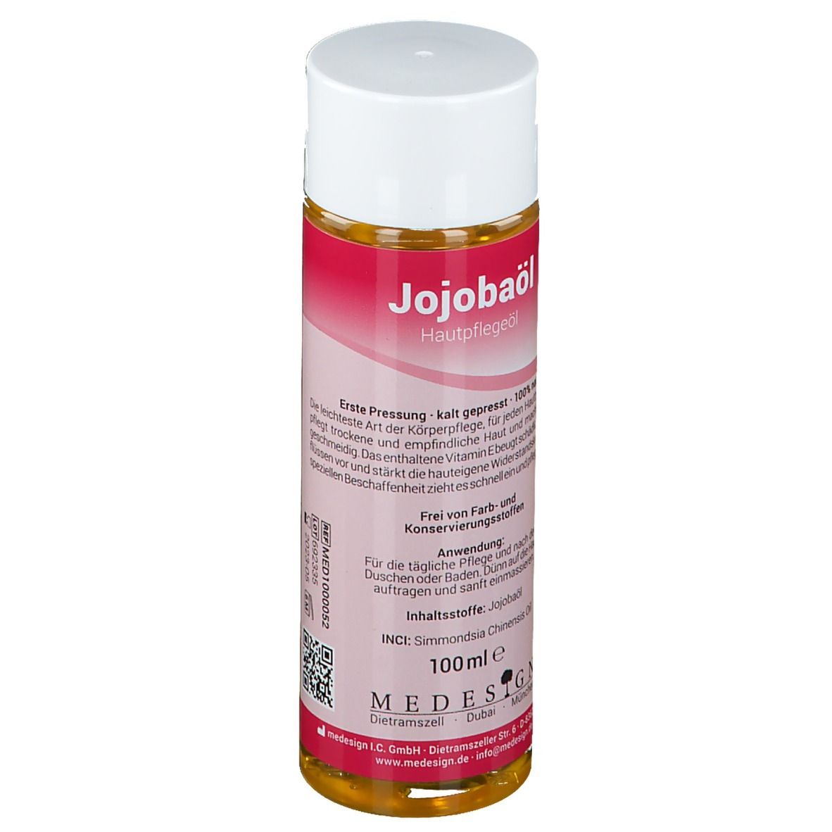 Flacon d'huile de jojoba avec bouchon blanc. Étiquette avec nom et informations. Logo MEDESIGN.