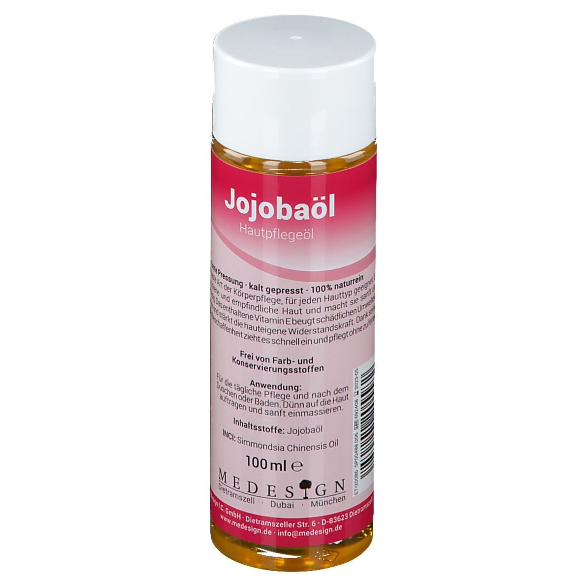 Flacon d'huile de jojoba avec bouchon blanc. Étiquette avec nom et informations. Logo MEDESIGN.