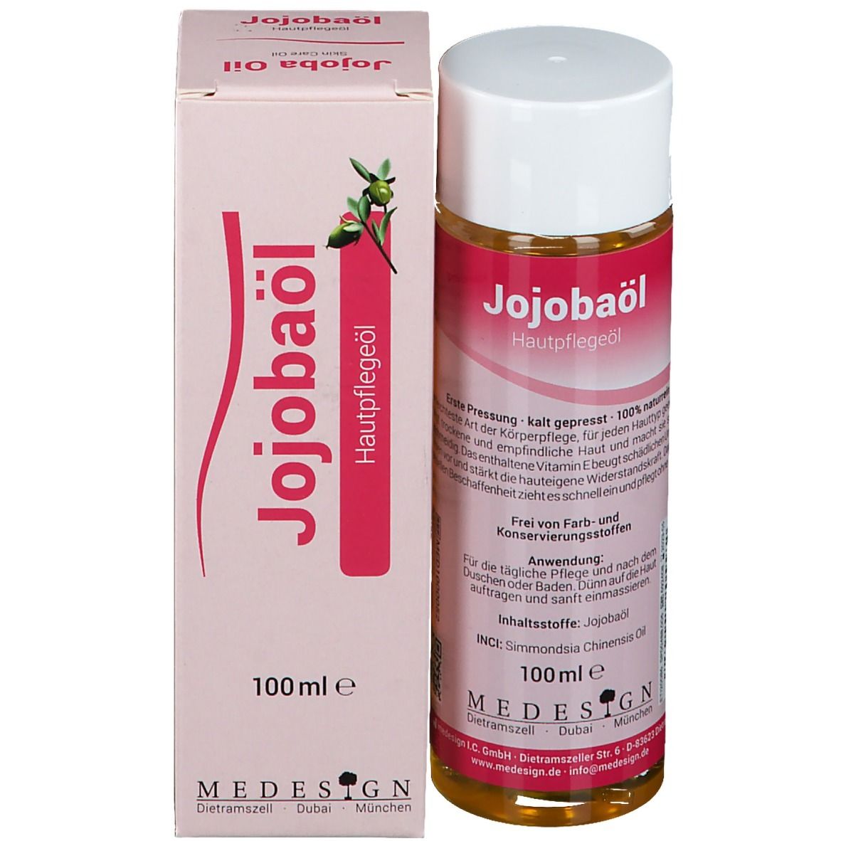 Flacon d'huile de jojoba et boîte. Flacon avec bouchon blanc. Boîte avec nom et logo. MEDESIGN.
