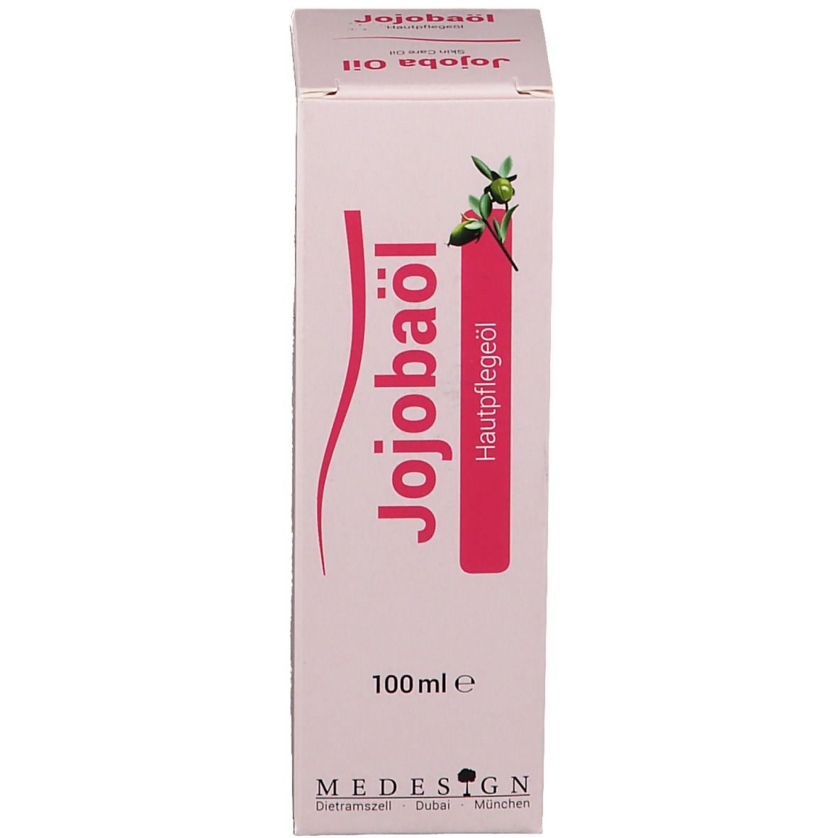 Boîte pour huile de jojoba. Nom du produit et logo. Logo MEDESIGN. 100 ml.