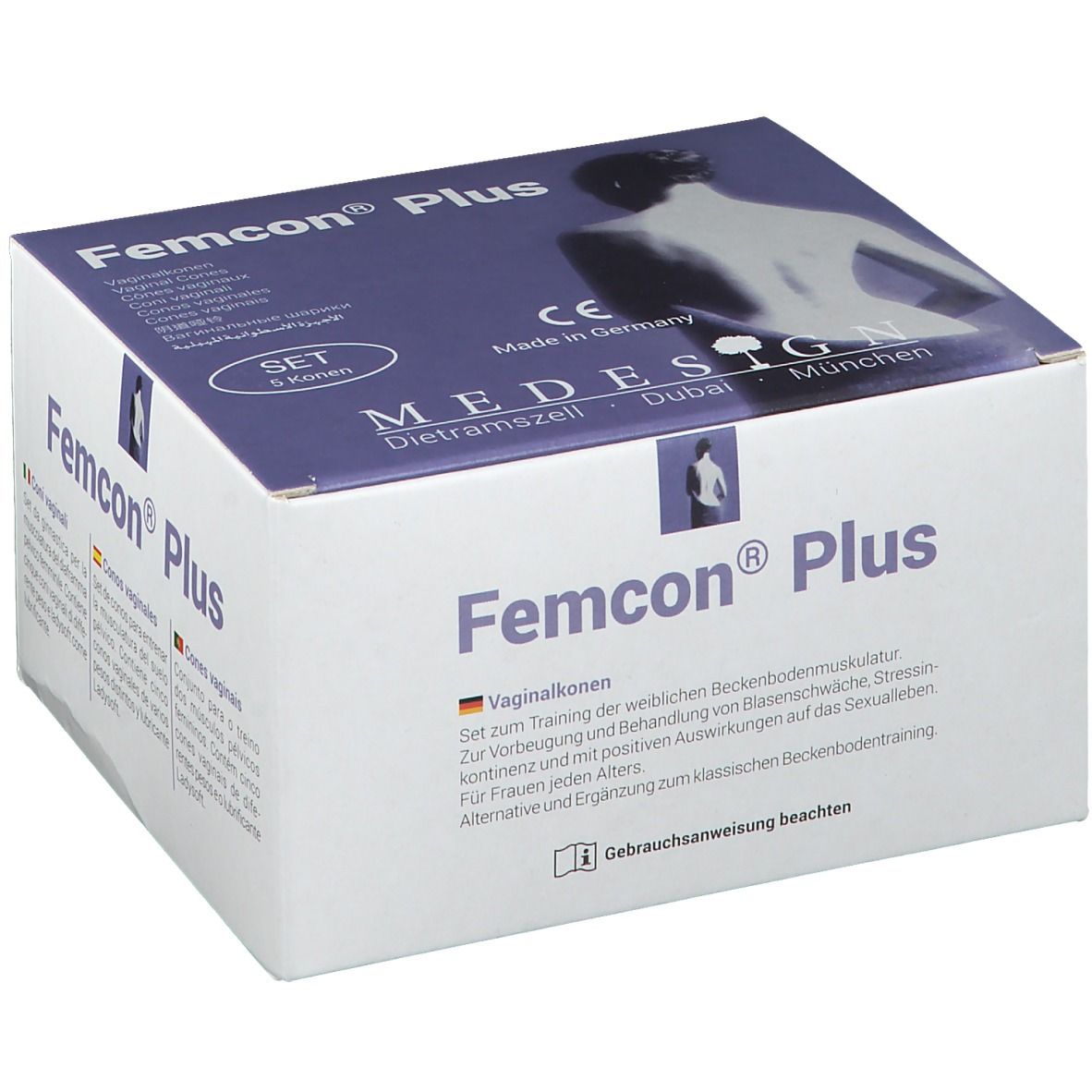Femcon® Plus, set de cônes vaginaux. Boîte blanche avec logo et nom du produit. Marquage CE. Fabricant MEDESIGN.