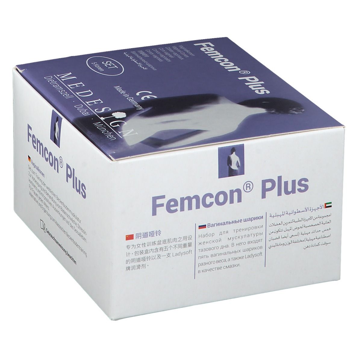 Femcon® Plus, set de cônes vaginaux. Boîte blanche avec logo et nom du produit. Informations multilingues.