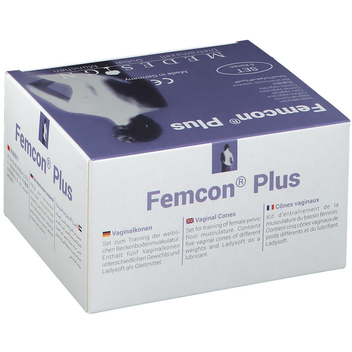 Femcon® Plus, set de cônes vaginaux. Boîte blanche avec logo et nom du produit. Informations multilingues.
