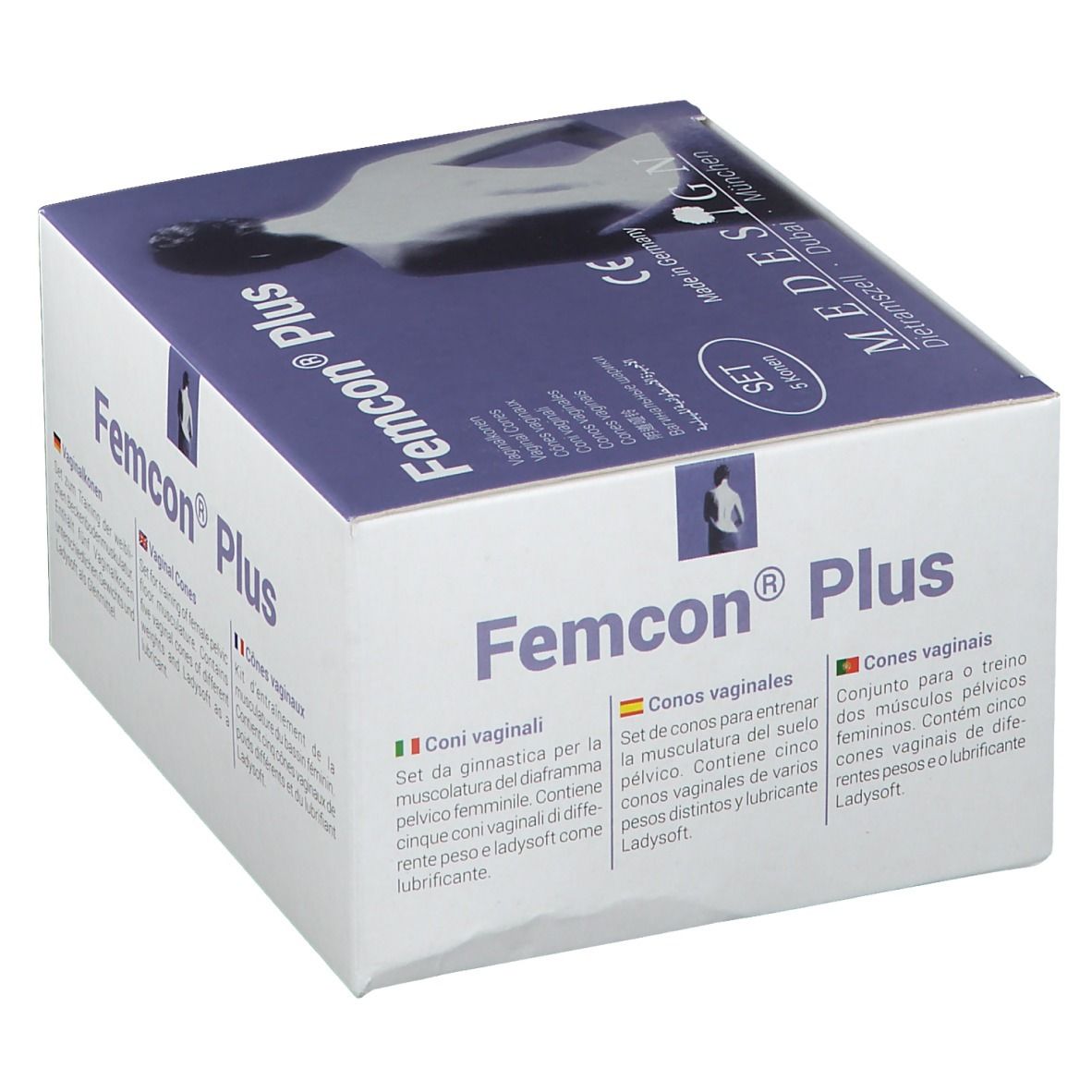 Femcon® Plus, set de cônes vaginaux. Boîte blanche avec logo et nom du produit. Informations multilingues.
