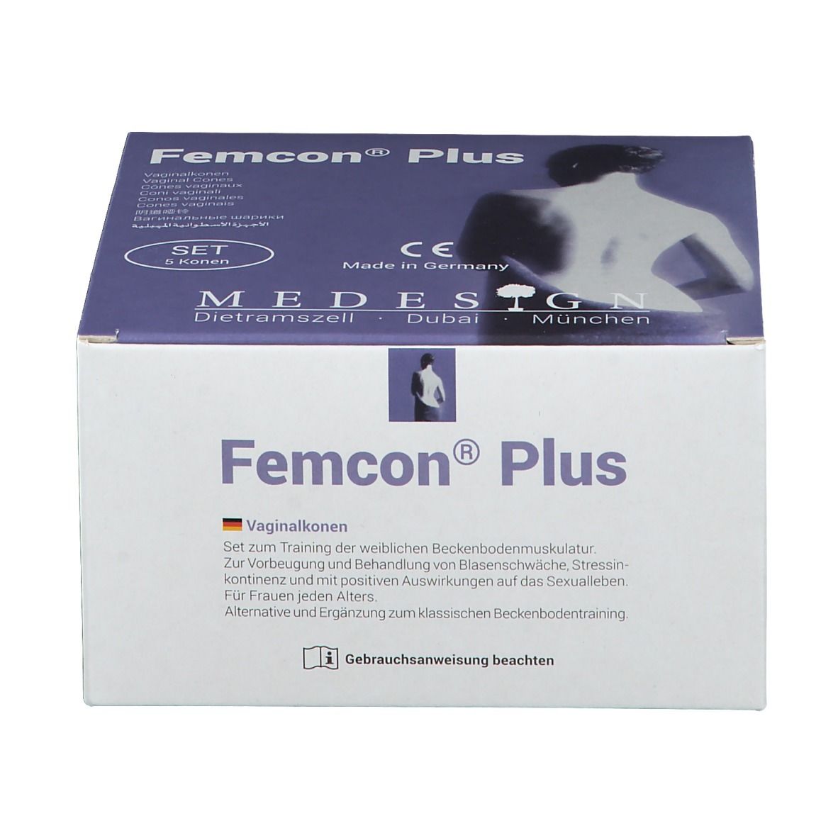 Femcon® Plus, set de cônes vaginaux. Boîte blanche avec logo et nom du produit. Marquage CE. Fabricant MEDESIGN.