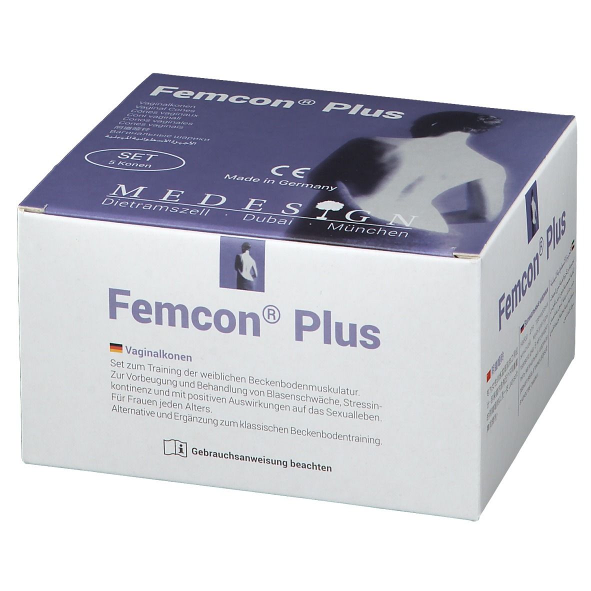 Femcon® Plus, set de cônes vaginaux. Boîte blanche avec logo et nom du produit. Marquage CE. Fabricant MEDESIGN.