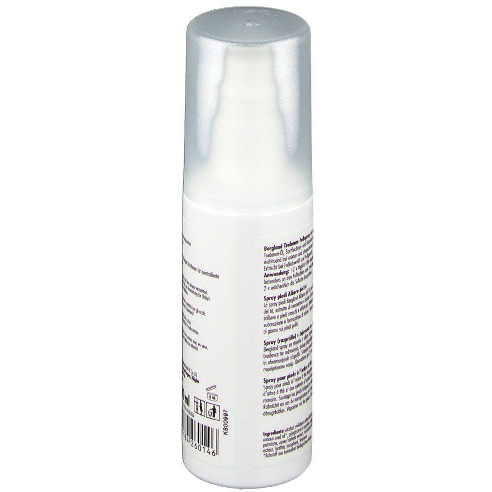 Flacon spray blanc avec bouchon transparent. Texte au dos. Code-barres et numéro de lot.