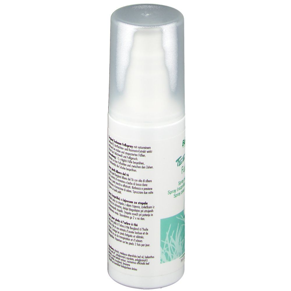 Flacon spray blanc avec bouchon transparent. Face avant avec texte. Bergland Tee Baum Fußspray.
