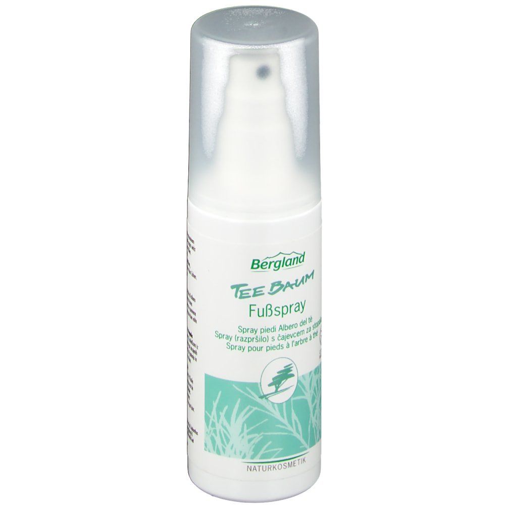 Flacon spray blanc avec bouchon transparent. Texte avant. Bergland Tee Baum Fußspray. Cosmétiques naturels.
