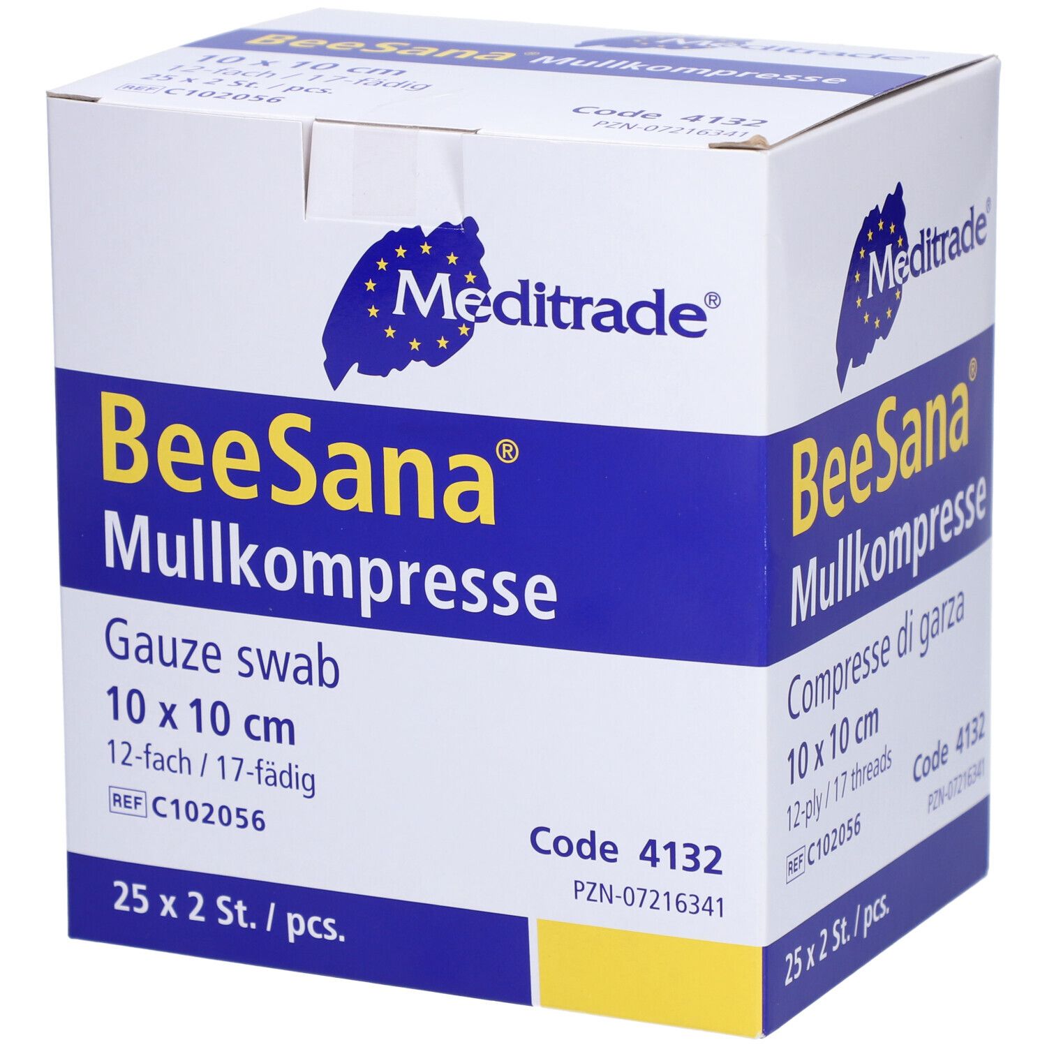 Compresse de gaze BeeSana Meditrade, 10 x 10 cm, 12 épaisseurs/17 fils. Boîte de 25 x 2 pièces.