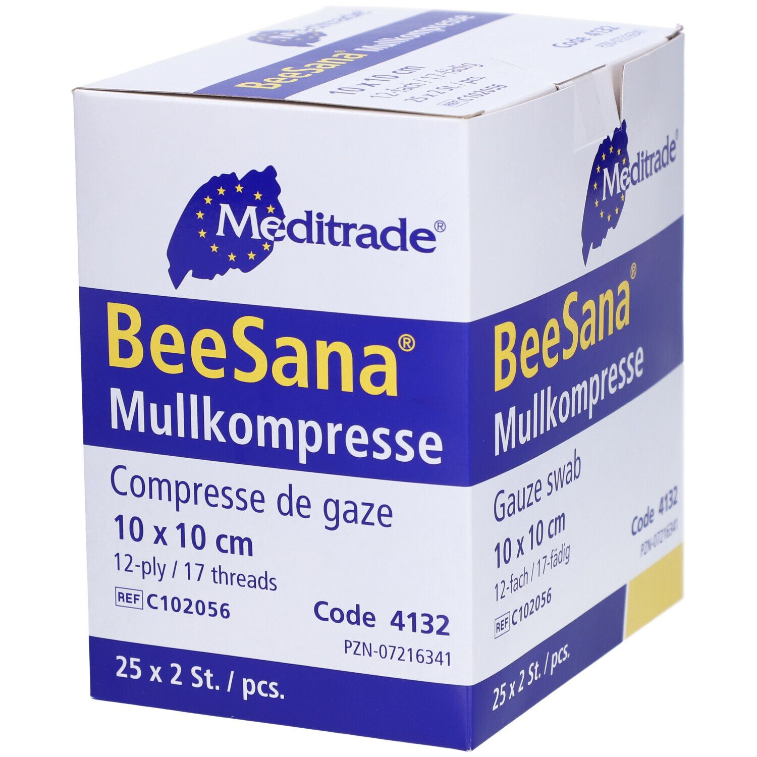 Compresse de gaze BeeSana Meditrade, 10 x 10 cm, 12 épaisseurs/17 fils. Boîte de 25 x 2 pièces.